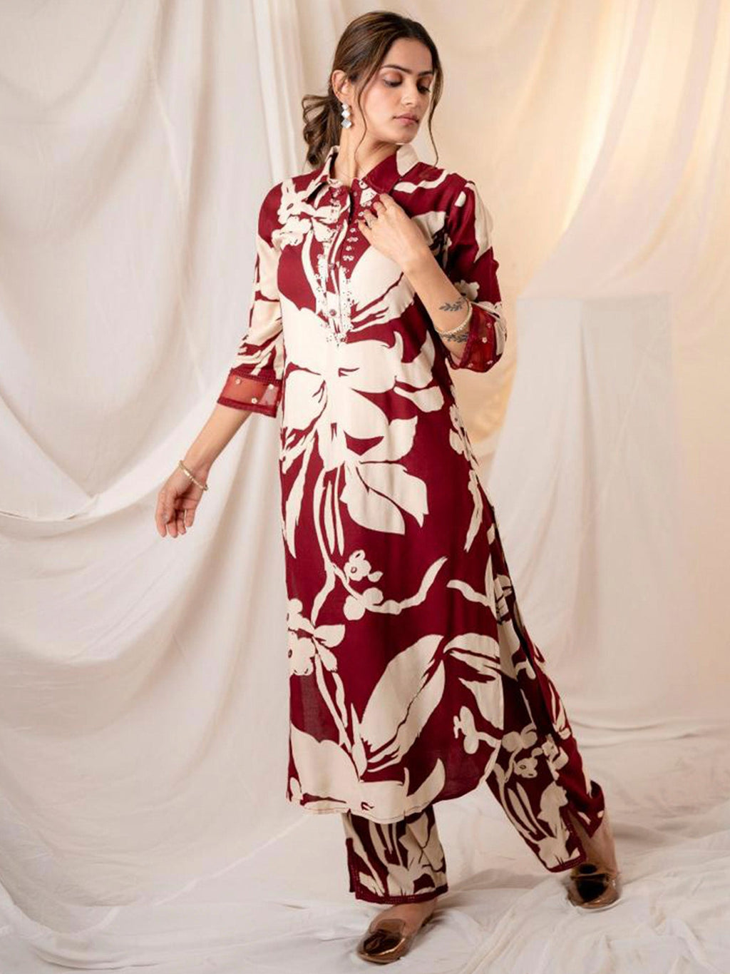 Indo Era Maroon Printed Straight Kurta Trousers set | Grocsy