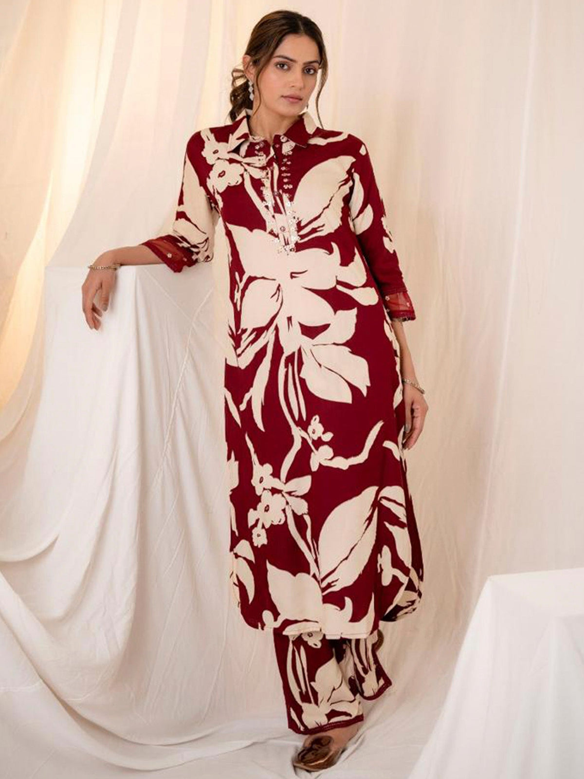 Indo Era Maroon Printed Straight Kurta Trousers set | Grocsy