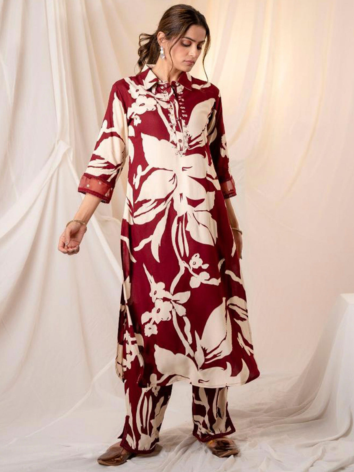 Indo Era Maroon Printed Straight Kurta Trousers set | Grocsy