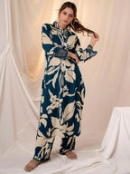 Indo Era Teal Printed Straight Kurta Trousers set | Grocsy
