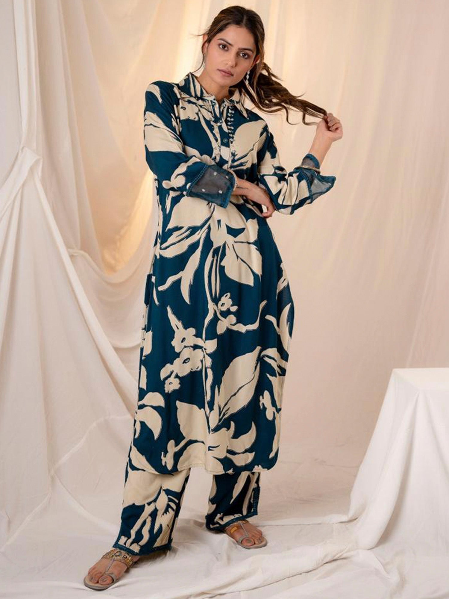 Indo Era Teal Printed Straight Kurta Trousers set | Grocsy