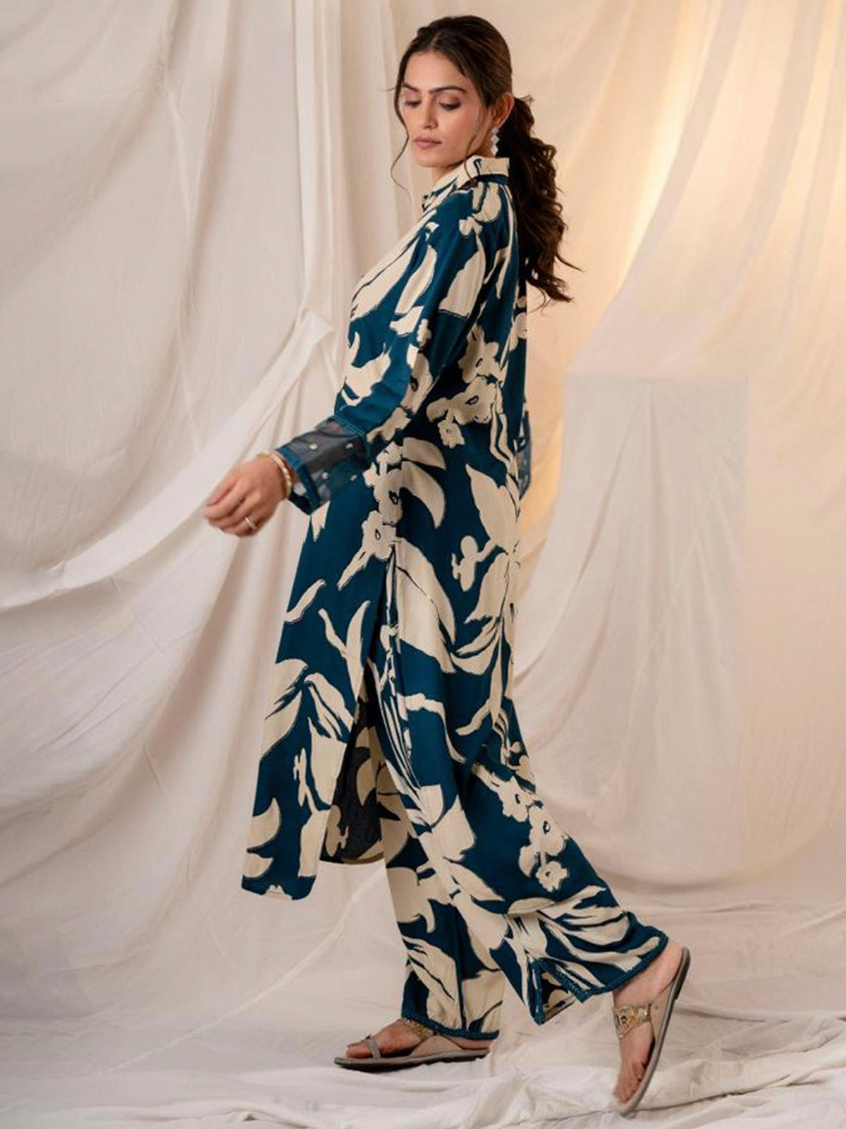 Indo Era Teal Printed Straight Kurta Trousers set | Grocsy