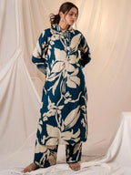 Indo Era Teal Printed Straight Kurta Trousers set | Grocsy