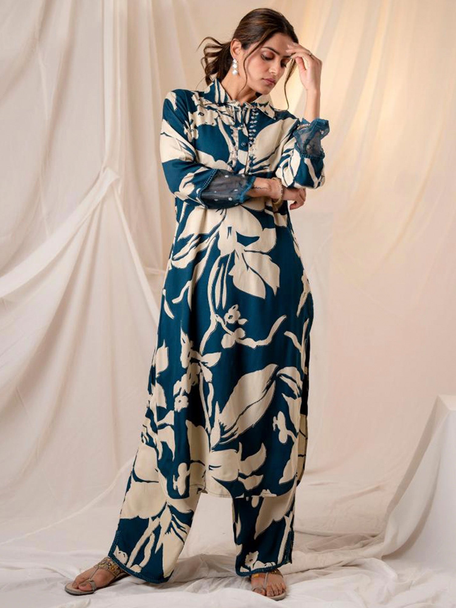 Indo Era Teal Printed Straight Kurta Trousers set | Grocsy