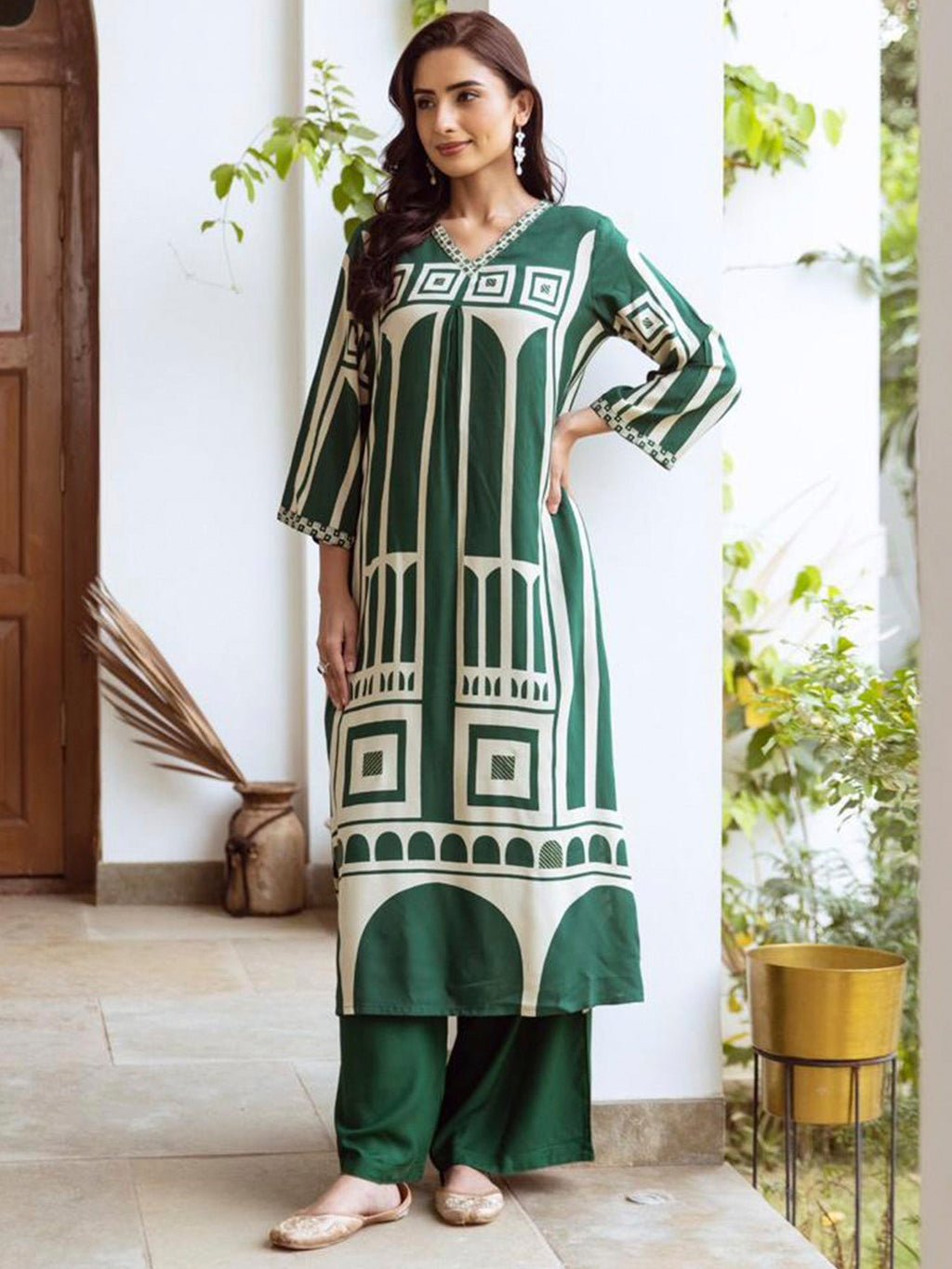 Indo Era Green Printed A-Line Kurta Palazzos Set | Grocsy