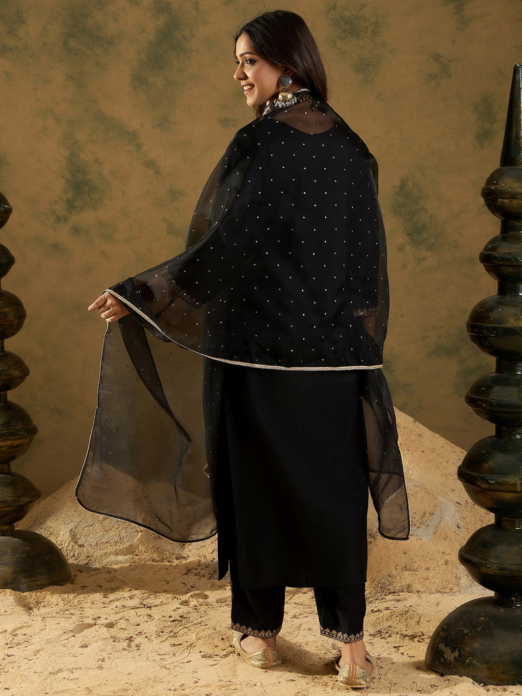 Indo Era Black Embroidered Straight Kurta Trousers With Dupatta Set | Grocsy