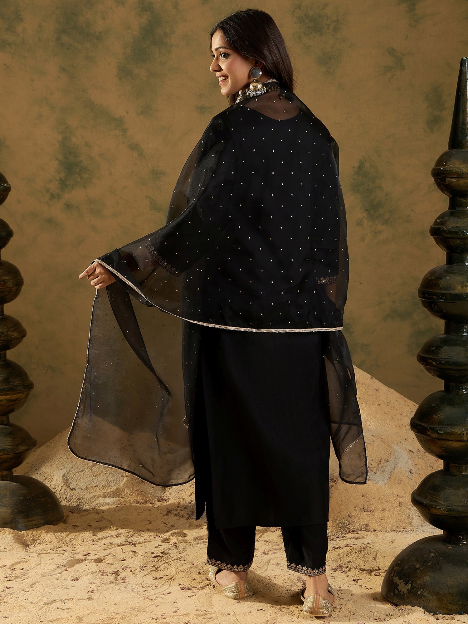 Indo Era Black Embroidered Straight Kurta Trousers With Dupatta Set | Grocsy