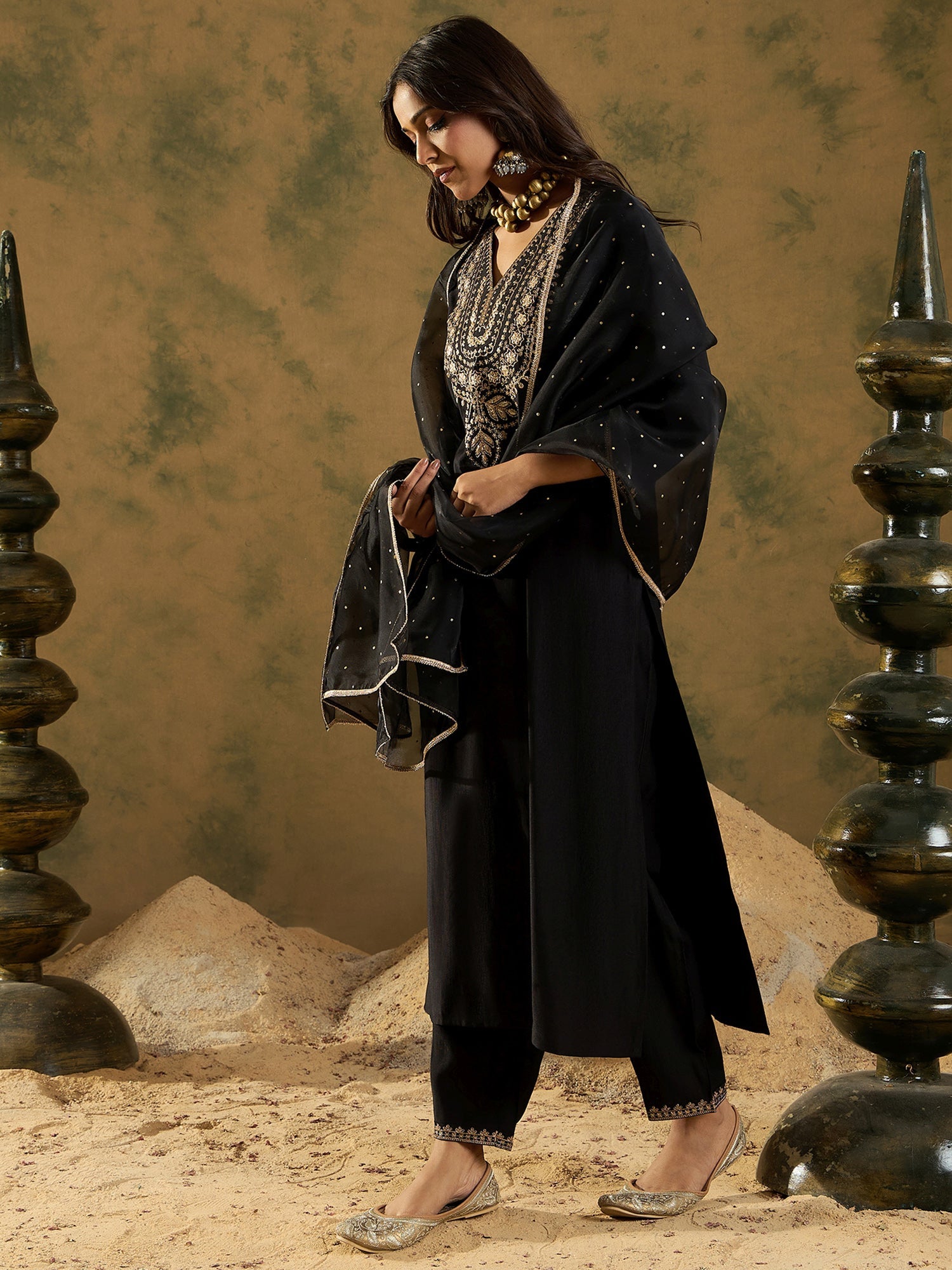Indo Era Black Embroidered Straight Kurta Trousers With Dupatta Set | Grocsy