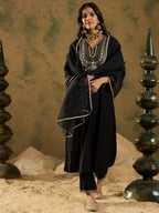 Indo Era Black Embroidered Straight Kurta Trousers With Dupatta Set | Grocsy