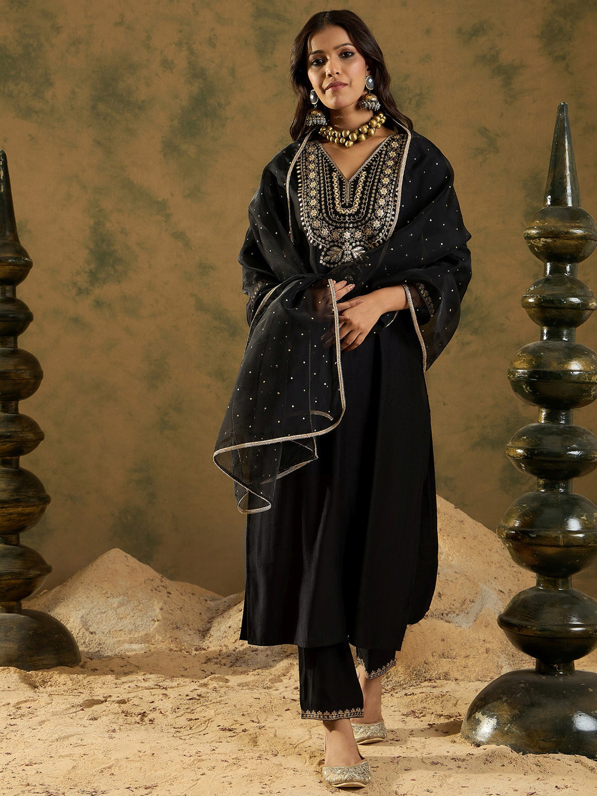 Indo Era Black Embroidered Straight Kurta Trousers With Dupatta Set | Grocsy