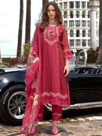 Indo Era Pink Embroidered A-Line Kurta Trousers With Dupatta Set | Grocsy