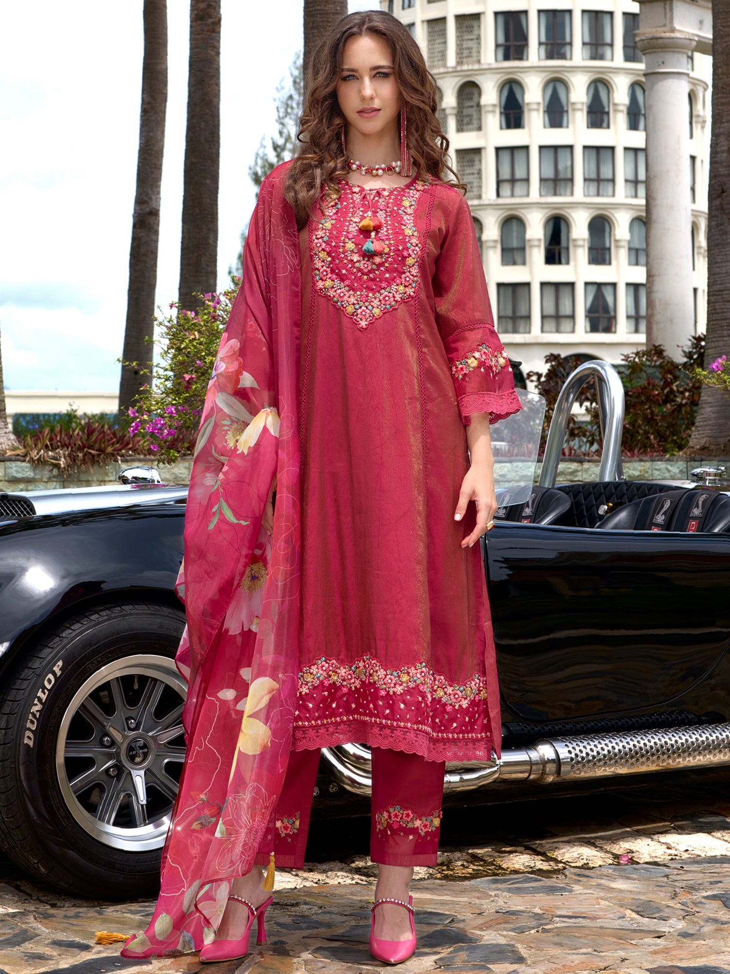 Indo Era Pink Embroidered A-Line Kurta Trousers With Dupatta Set | Grocsy