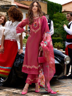 Indo Era Pink Embroidered A-Line Kurta Trousers With Dupatta Set | Grocsy