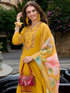 Indo Era Mustard Embroidered A-Line Kurta Trousers With Dupatta Set | Grocsy