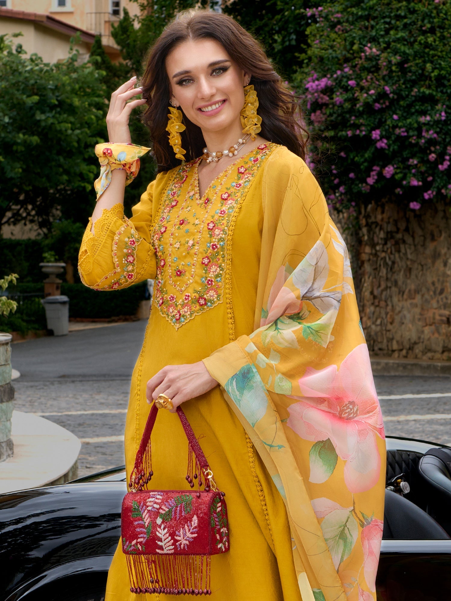 Indo Era Mustard Embroidered A-Line Kurta Trousers With Dupatta Set | Grocsy