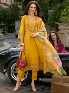 Indo Era Mustard Embroidered A-Line Kurta Trousers With Dupatta Set | Grocsy