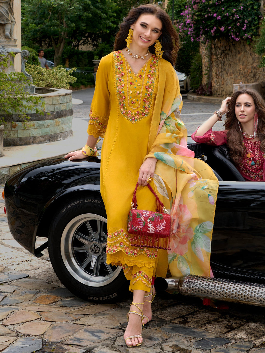 Indo Era Mustard Embroidered A-Line Kurta Trousers With Dupatta Set | Grocsy