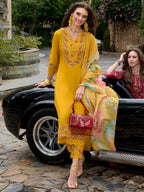 Indo Era Mustard Embroidered A-Line Kurta Trousers With Dupatta Set | Grocsy