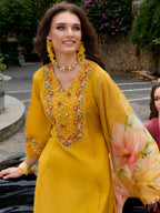 Indo Era Mustard Embroidered A-Line Kurta Trousers With Dupatta Set | Grocsy