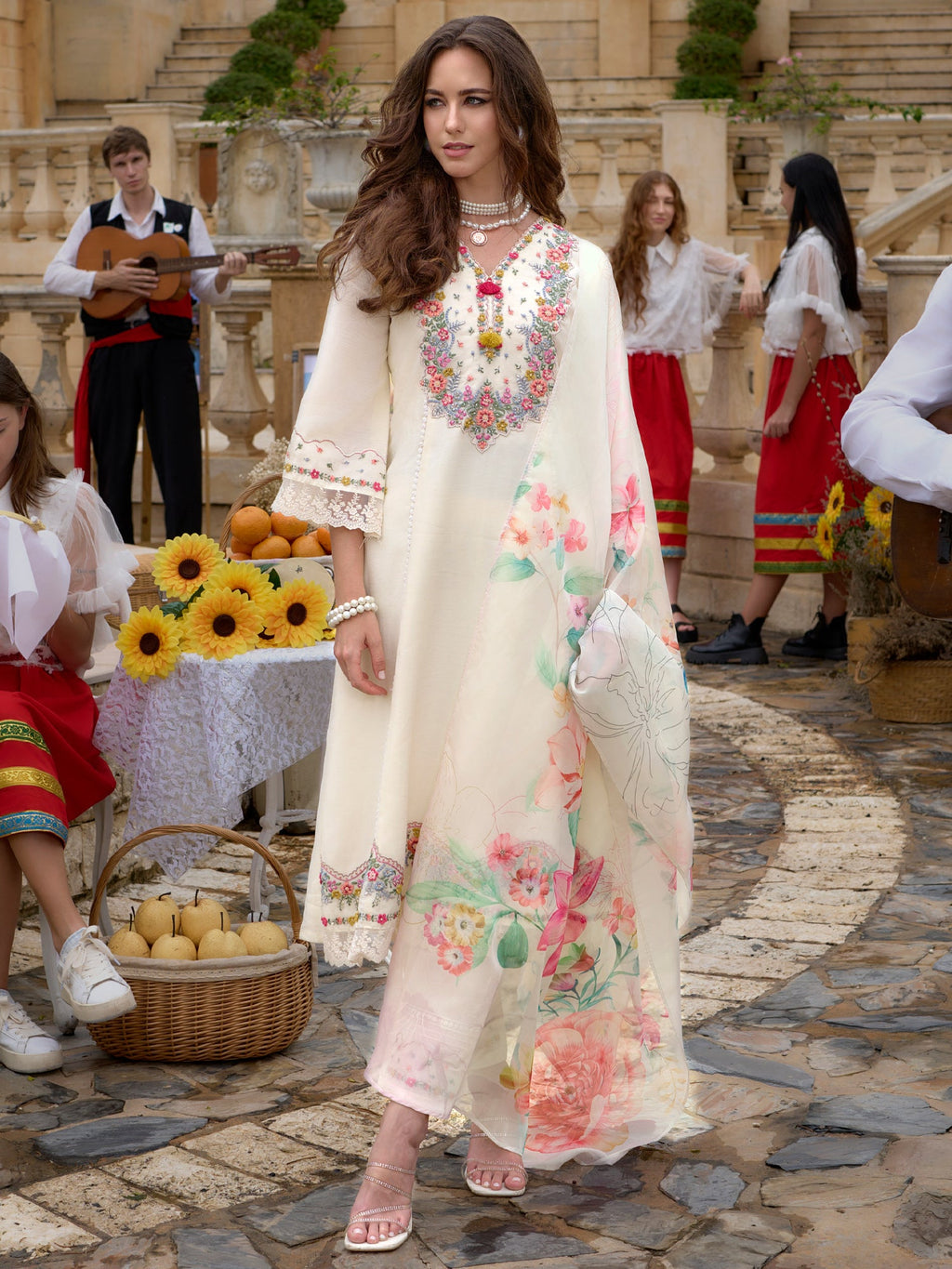 Indo Era Off White Embroidered A-Line Kurta Trousers With Dupatta Set | Grocsy