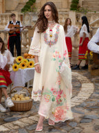 Indo Era Off White Embroidered A-Line Kurta Trousers With Dupatta Set | Grocsy