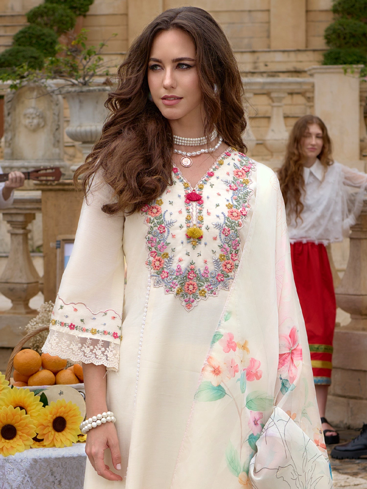 Indo Era Off White Embroidered A-Line Kurta Trousers With Dupatta Set | Grocsy