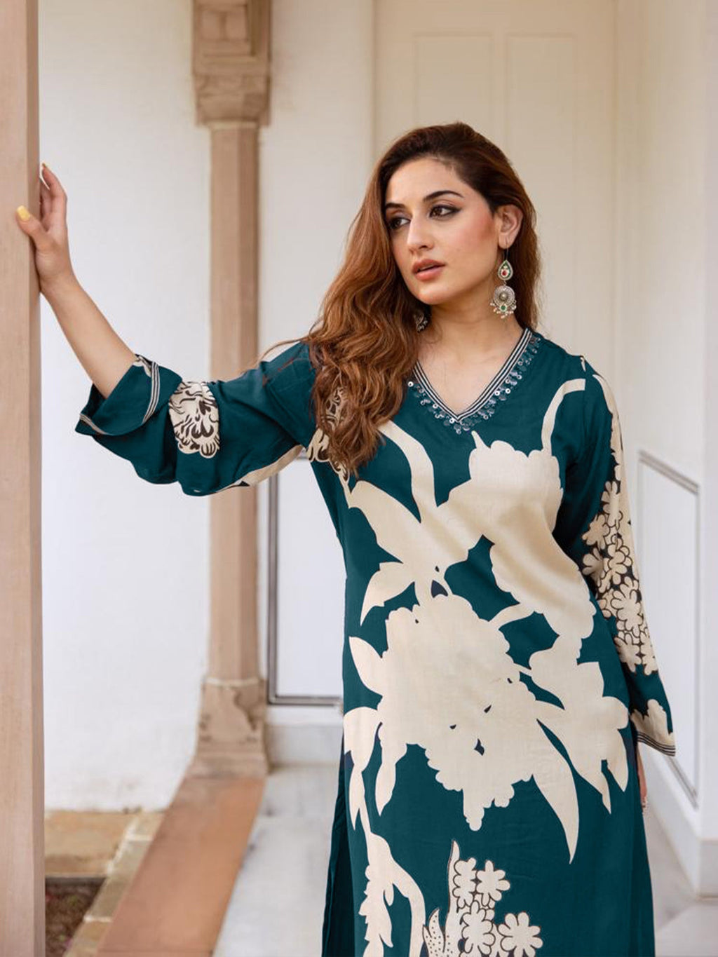 Indo Era Teal Printed A-Line Kurta Salwar set | Grocsy