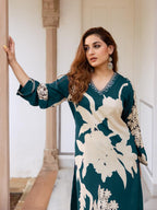 Indo Era Teal Printed A-Line Kurta Salwar set | Grocsy