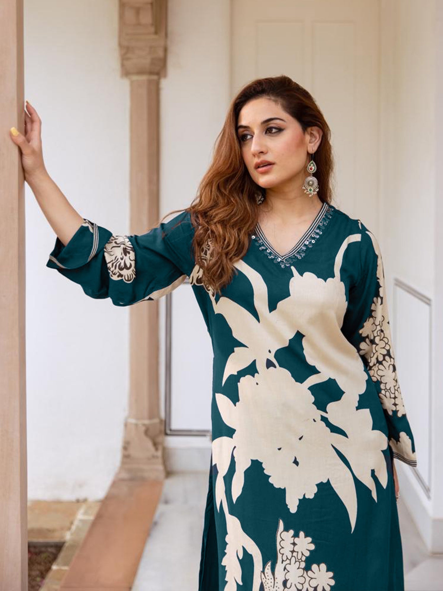 Indo Era Teal Printed A-Line Kurta Salwar set | Grocsy