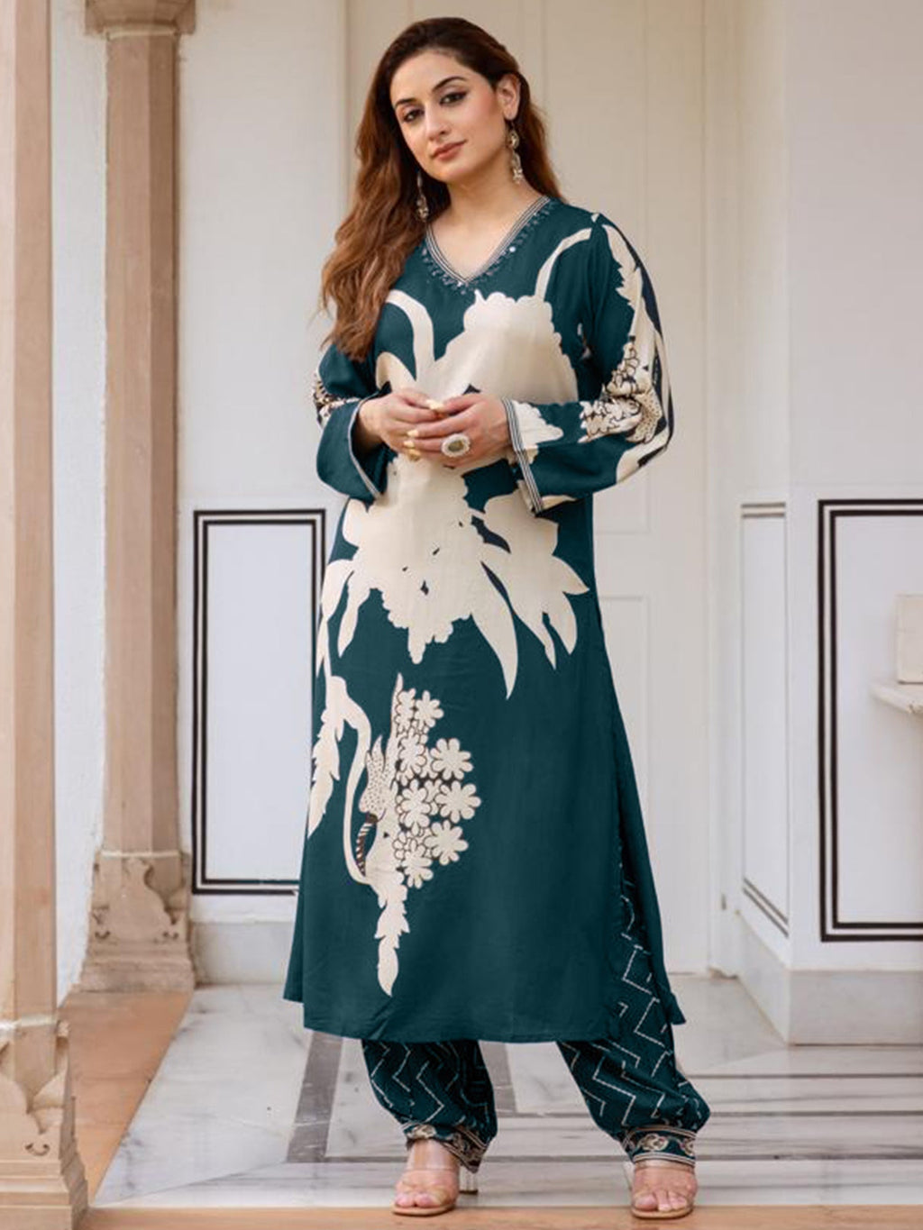 Indo Era Teal Printed A-Line Kurta Salwar set | Grocsy
