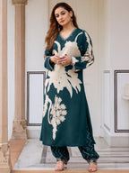 Indo Era Teal Printed A-Line Kurta Salwar set | Grocsy