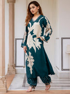 Indo Era Teal Printed A-Line Kurta Salwar set | Grocsy