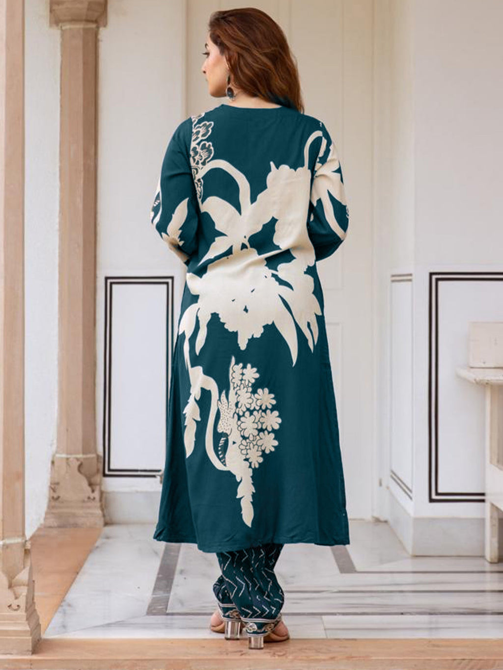 Indo Era Teal Printed A-Line Kurta Salwar set | Grocsy