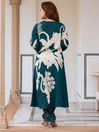 Indo Era Teal Printed A-Line Kurta Salwar set | Grocsy