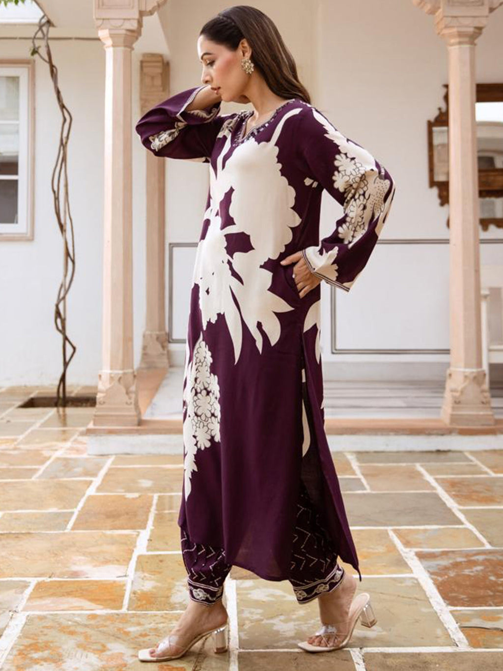 Indo Era Burgundy Printed A-Line Kurta Salwar set | Grocsy
