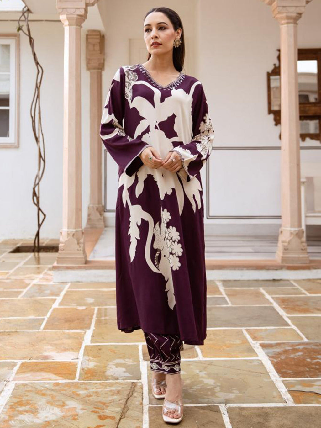 Indo Era Burgundy Printed A-Line Kurta Salwar set | Grocsy