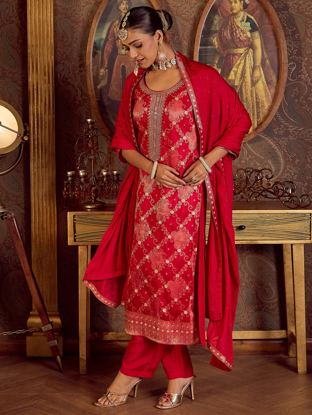 Indo Era Magenta Embroidered Straight Kurta Trousers With Dupatta set | Grocsy