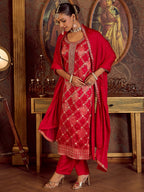 Indo Era Magenta Embroidered Straight Kurta Trousers With Dupatta set | Grocsy