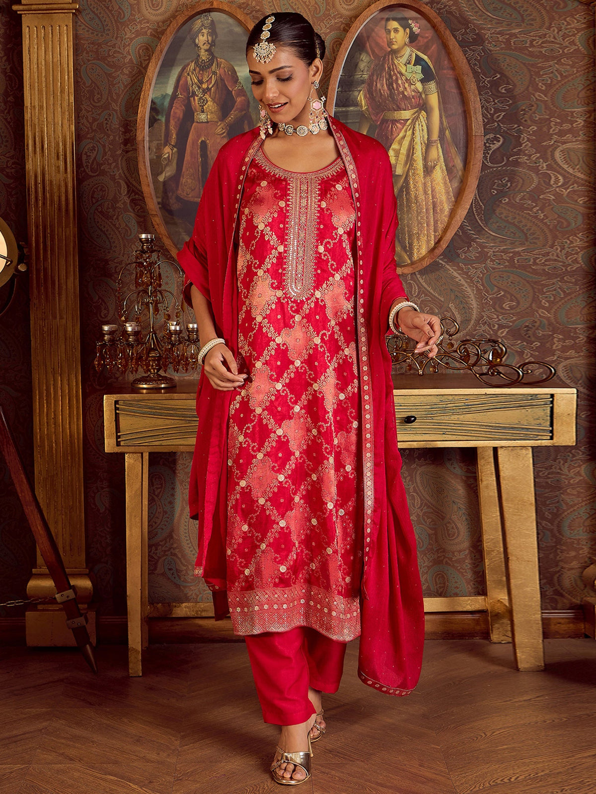 Indo Era Magenta Embroidered Straight Kurta Trousers With Dupatta set | Grocsy