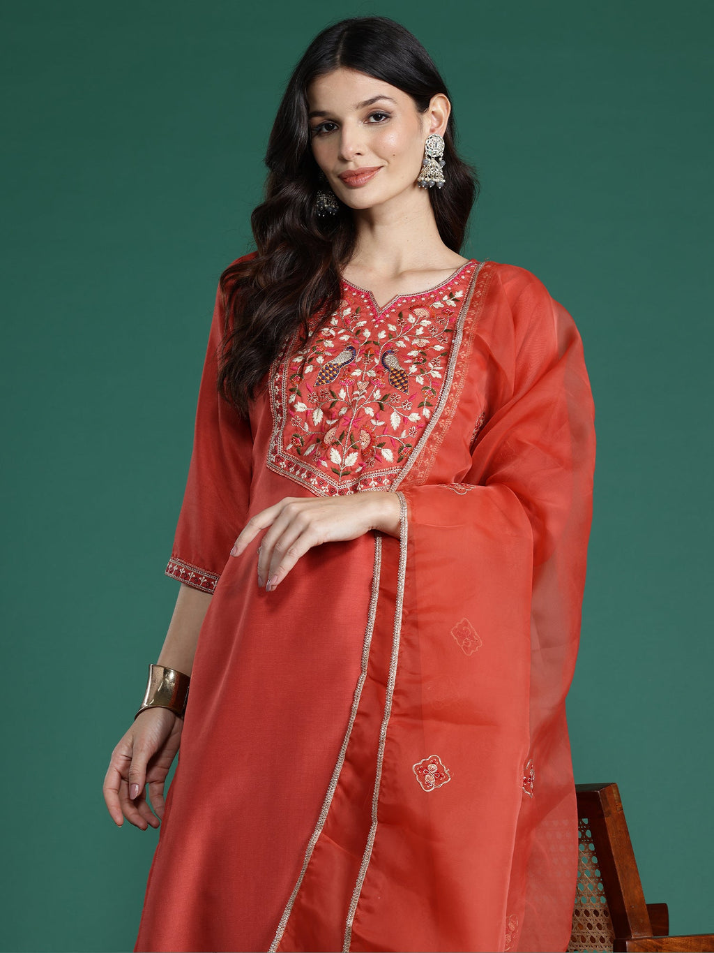 Indo Era Orange Embroidered Straight Kurta Trousers With Dupatta Set | Grocsy