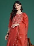Indo Era Orange Embroidered Straight Kurta Trousers With Dupatta Set | Grocsy