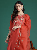 Indo Era Orange Embroidered Straight Kurta Trousers With Dupatta Set | Grocsy