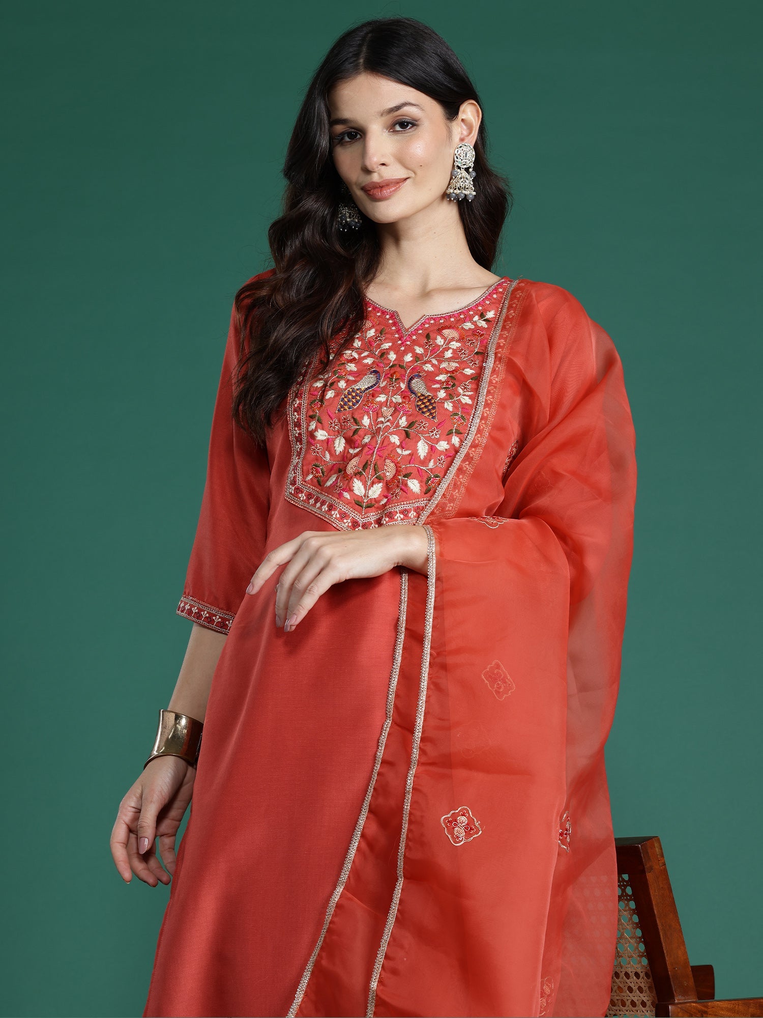 Indo Era Orange Embroidered Straight Kurta Trousers With Dupatta Set | Grocsy