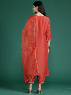 Indo Era Orange Embroidered Straight Kurta Trousers With Dupatta Set | Grocsy