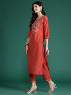 Indo Era Orange Embroidered Straight Kurta Trousers With Dupatta Set | Grocsy