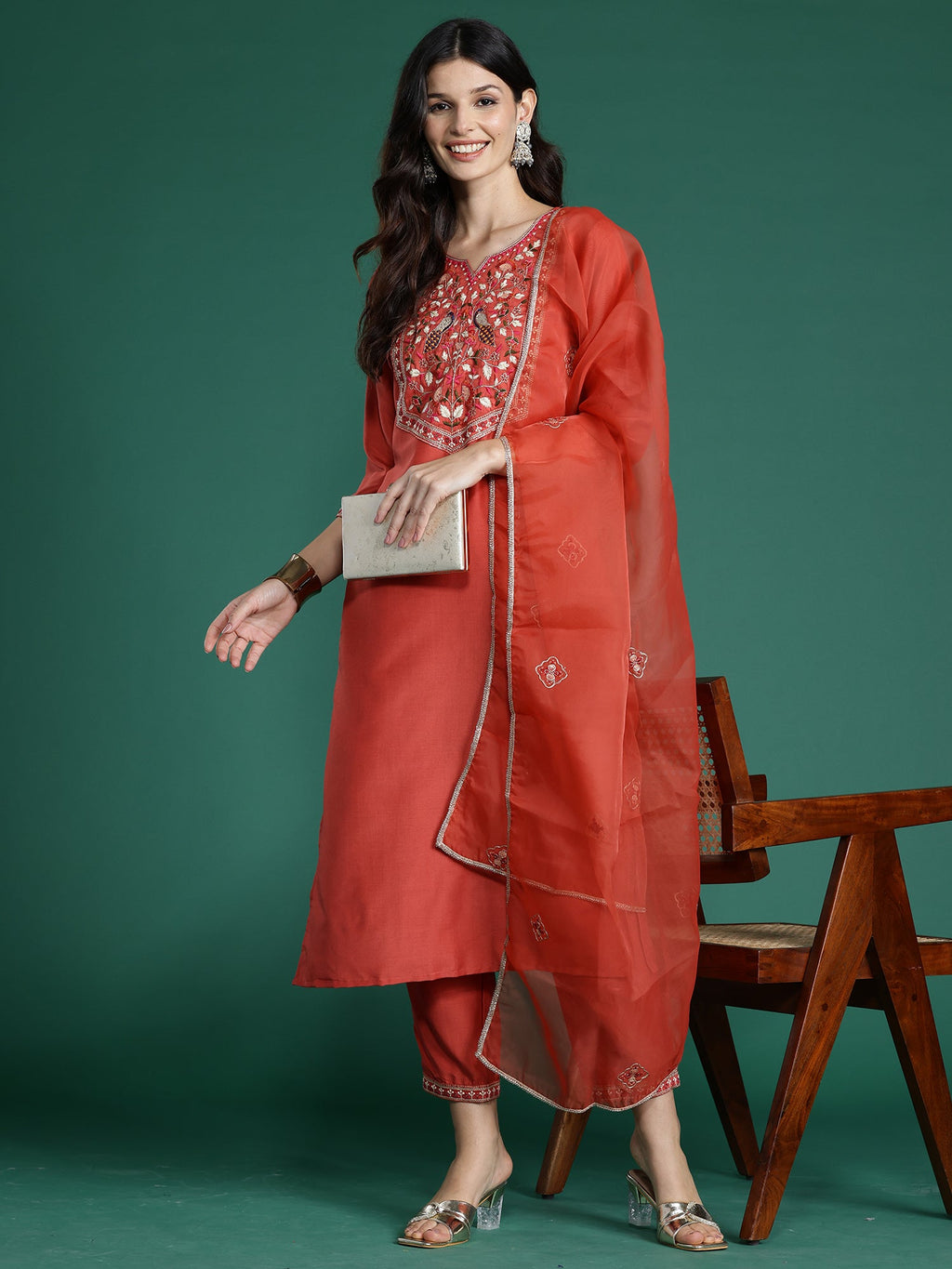 Indo Era Orange Embroidered Straight Kurta Trousers With Dupatta Set | Grocsy
