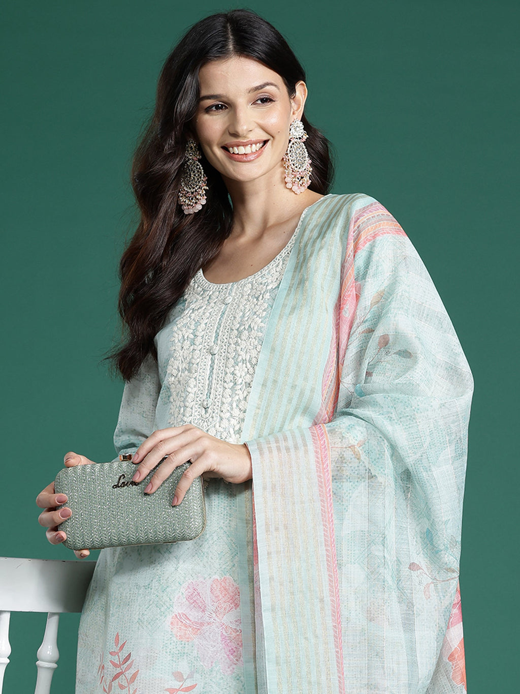 Indo Era Sea Green Printed Straight Kurta Trousers With Dupatta Set | Grocsy