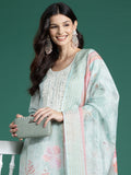 Indo Era Sea Green Printed Straight Kurta Trousers With Dupatta Set | Grocsy