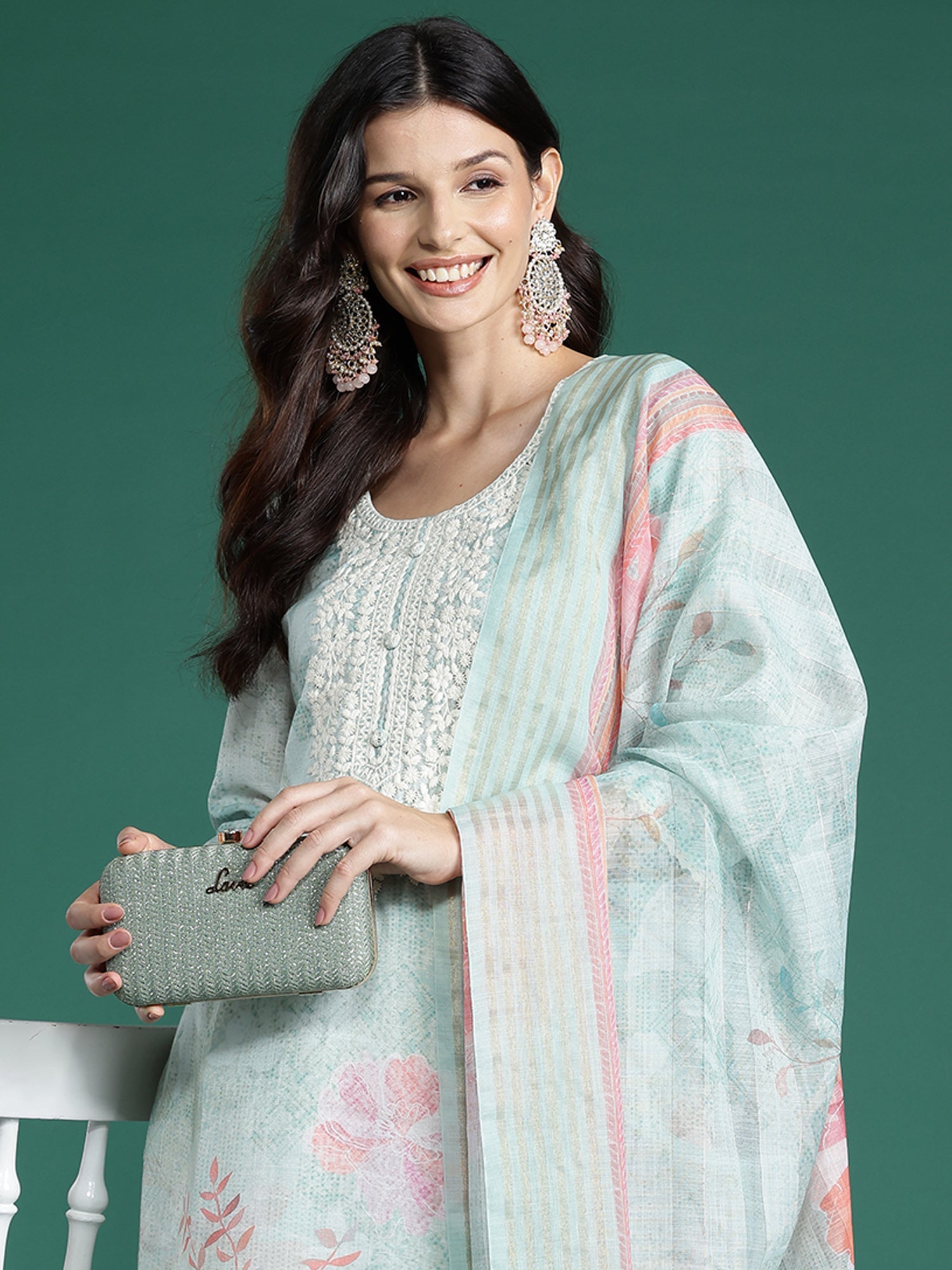 Indo Era Sea Green Printed Straight Kurta Trousers With Dupatta Set | Grocsy