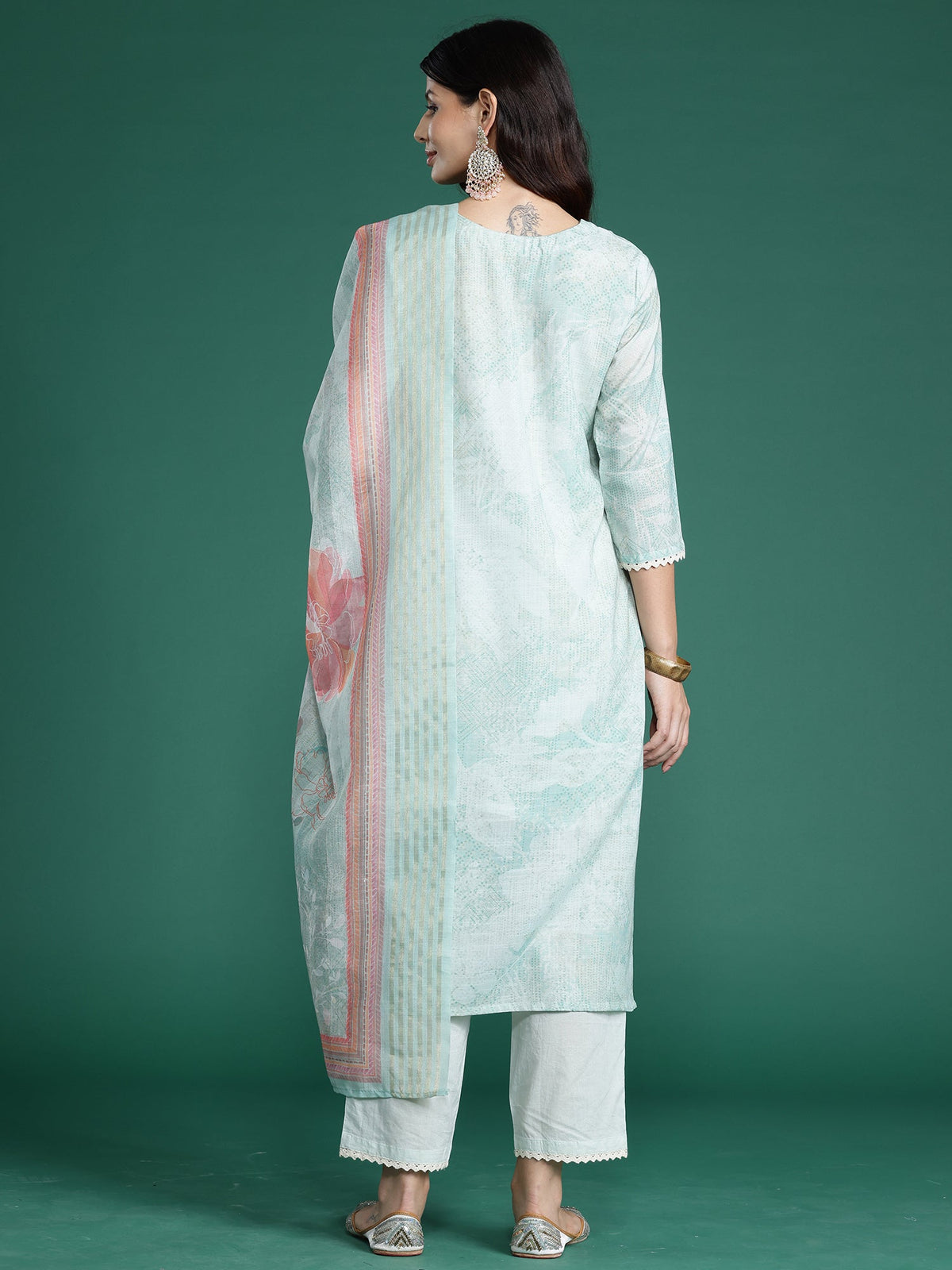 Indo Era Sea Green Printed Straight Kurta Trousers With Dupatta Set | Grocsy